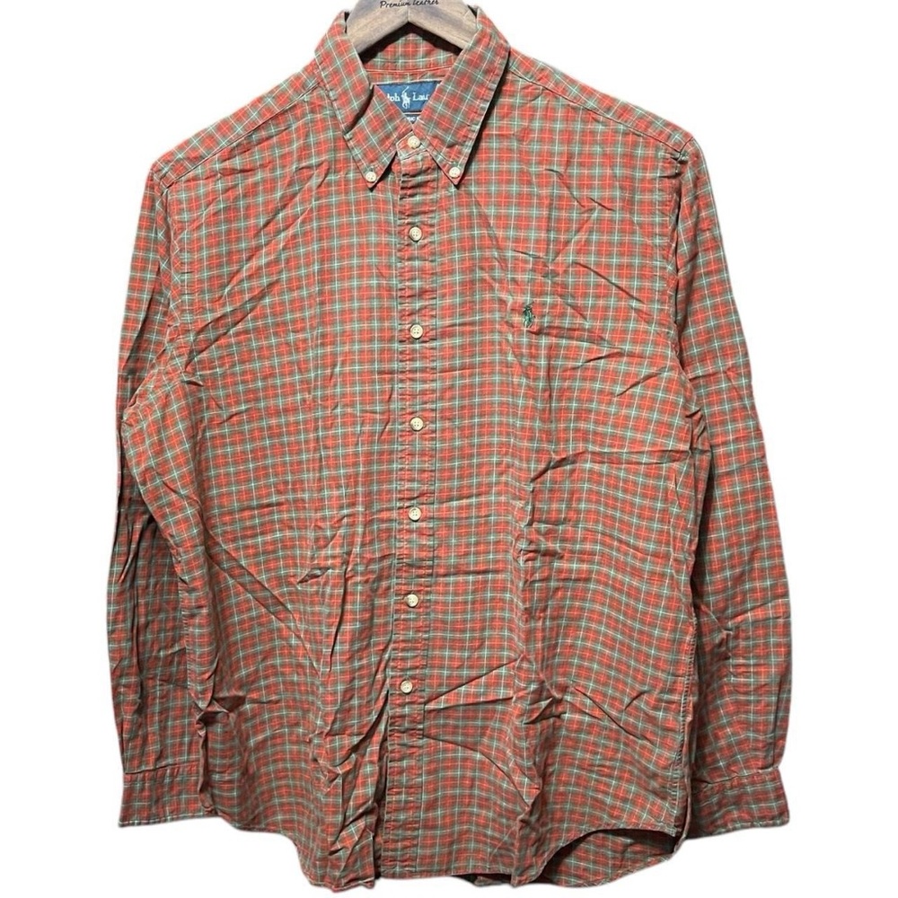 Ralph Lauren red green plaid button up long sleeve collared casual dress shirt